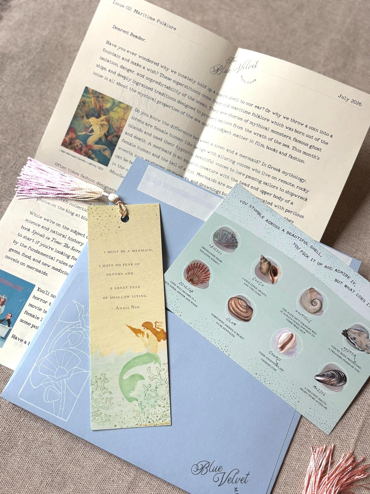July Mail Club: Mermaid and Shells Bookmark, Postcard and Newsletter