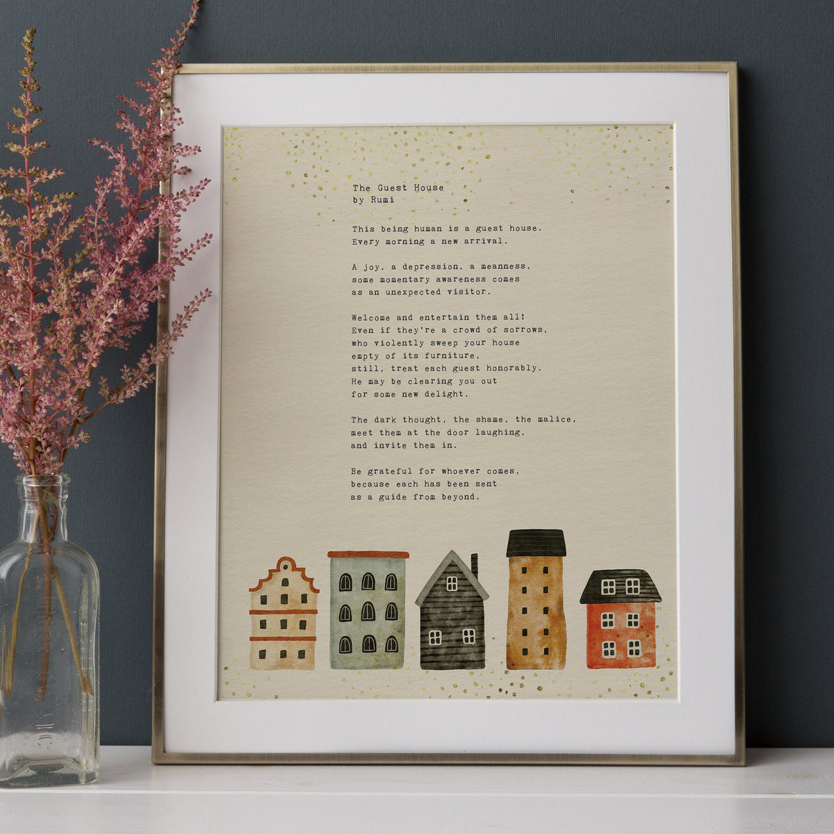 An print featuring the poem 'The Guest House' by Rumi with watercolor houses.