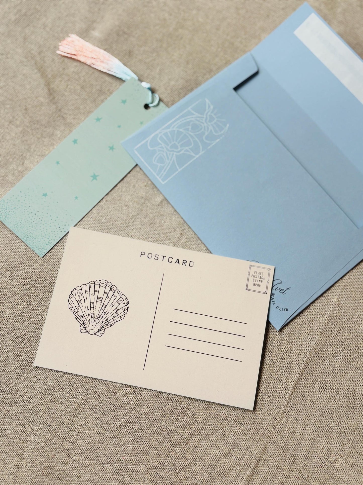July Mail Club: Mermaid and Shells Bookmark, Postcard and Newsletter