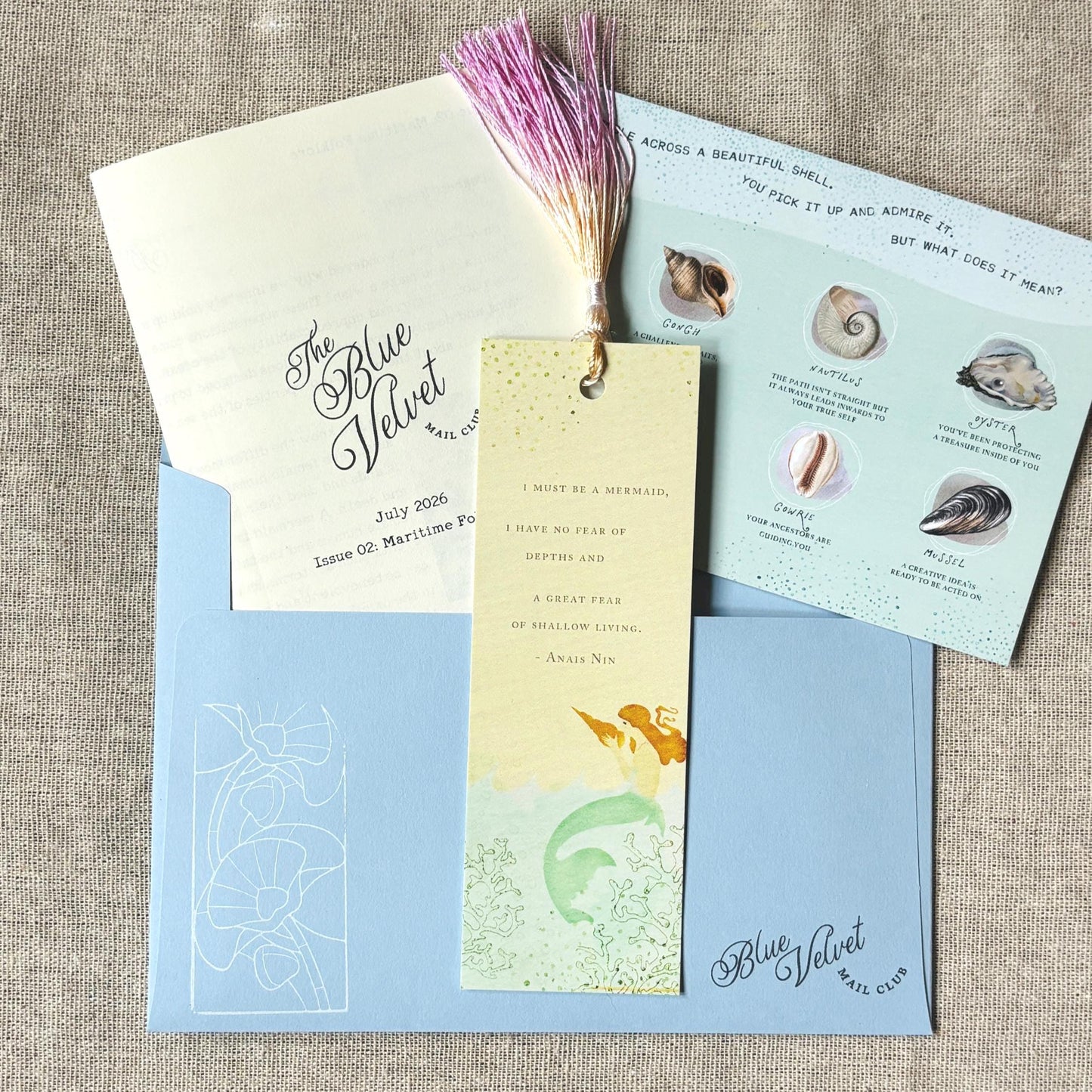 July Mail Club: Mermaid and Shells Bookmark, Postcard and Newsletter