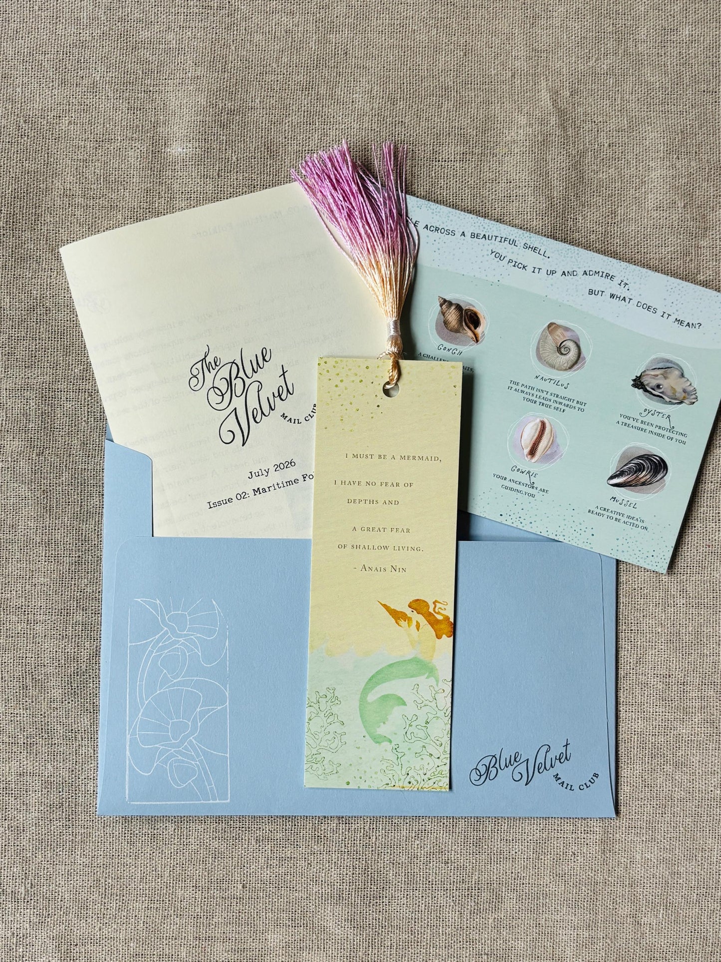 July Mail Club: Mermaid and Shells Bookmark, Postcard and Newsletter