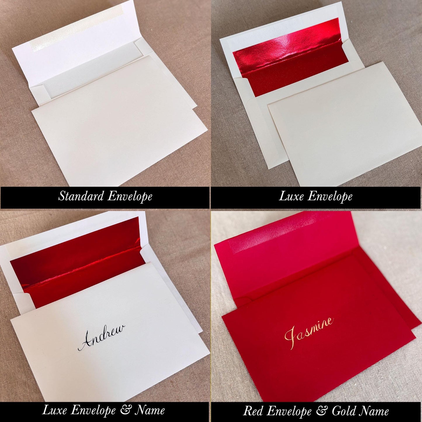 Four envelope options: Standard Envelope, Luxe Envelope, Luxe Envelope & Calligraphy Name, and Red Envelope & Calligraphy Gold Name. 