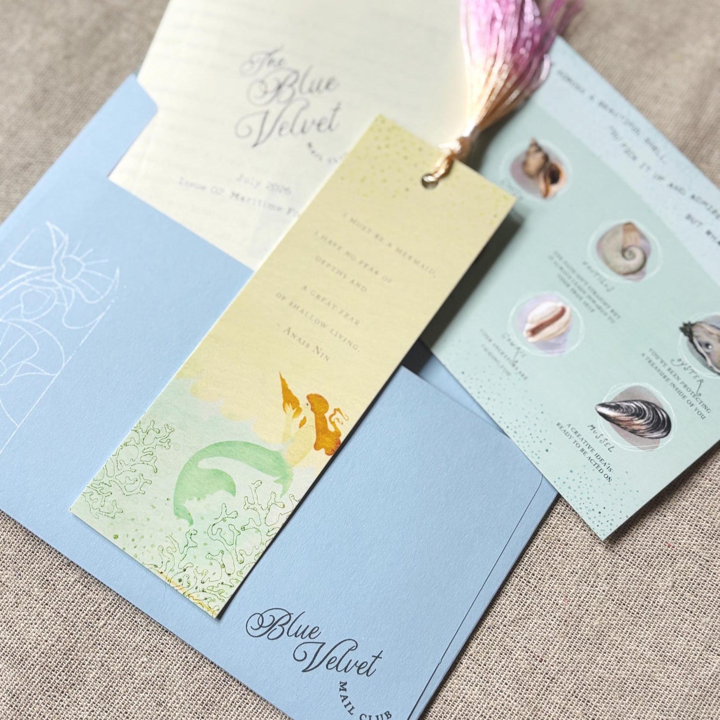 July Mail Club: Mermaid and Shells Bookmark, Postcard and Newsletter