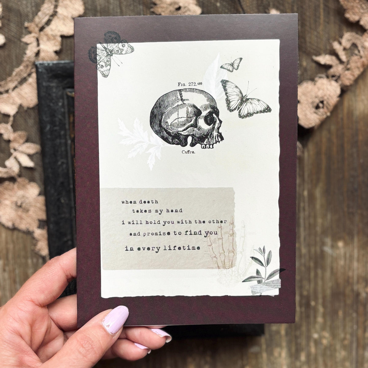 Goth Anniversary or Love Card "I will find you in every life time" skeleton quote