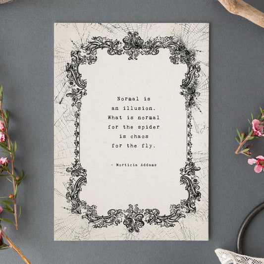 An art print featuring a black ornate frame illustration and the quote 'Normal is an illusion. What is normal for the spider is chaos for the fly." by Morticia addams
