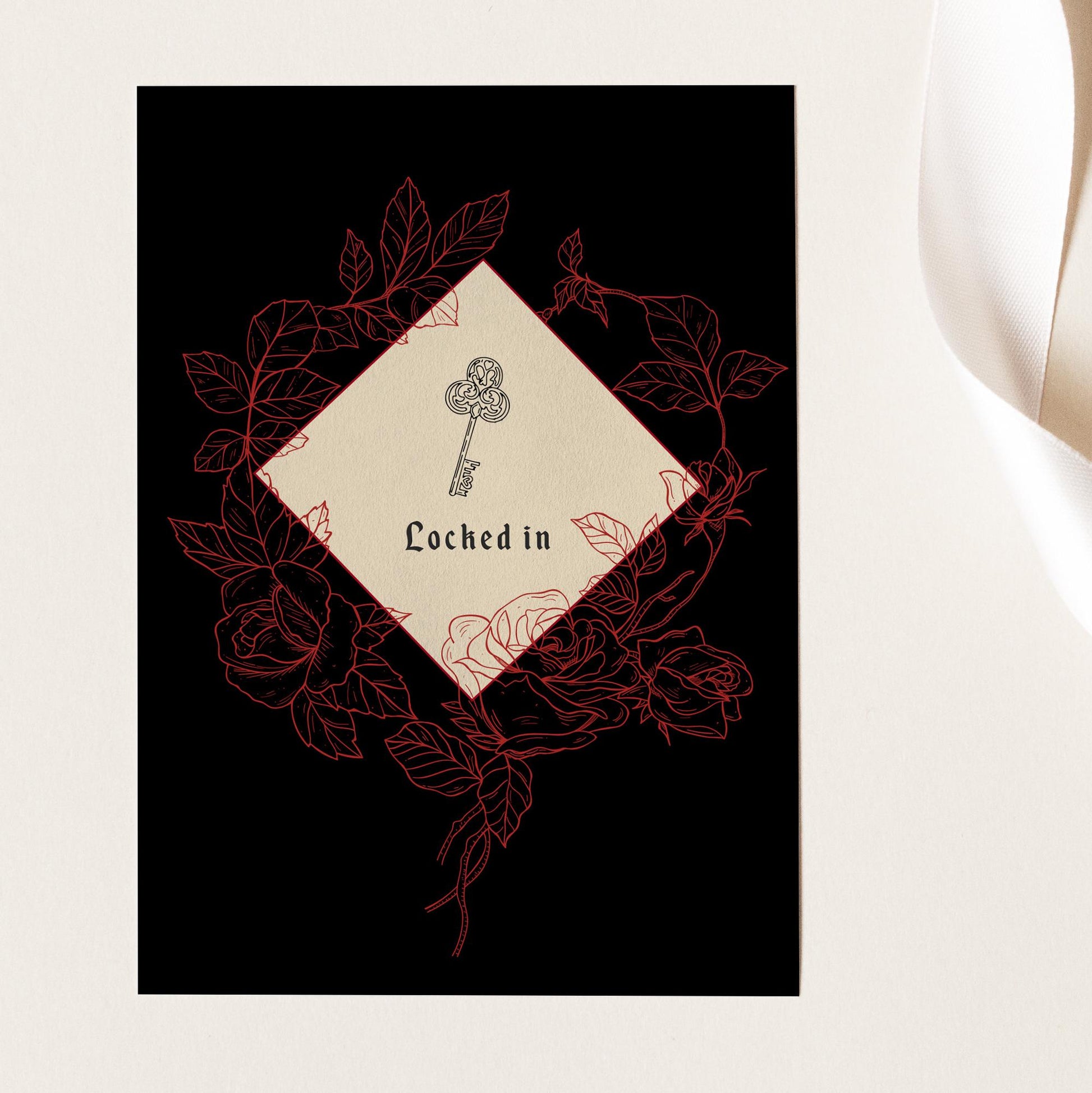 A black greeting card featuring  a key illustration and the words 'Locked in,' surrounded by red rose line drawings.