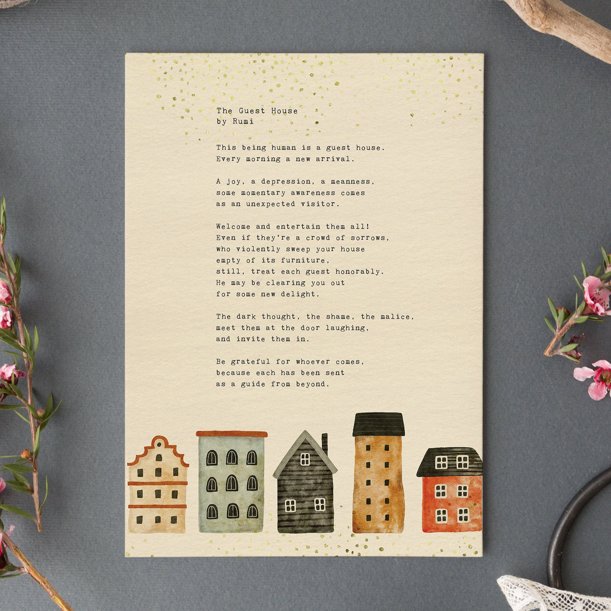 An print featuring the poem 'The Guest House' by Rumi with watercolor houses.