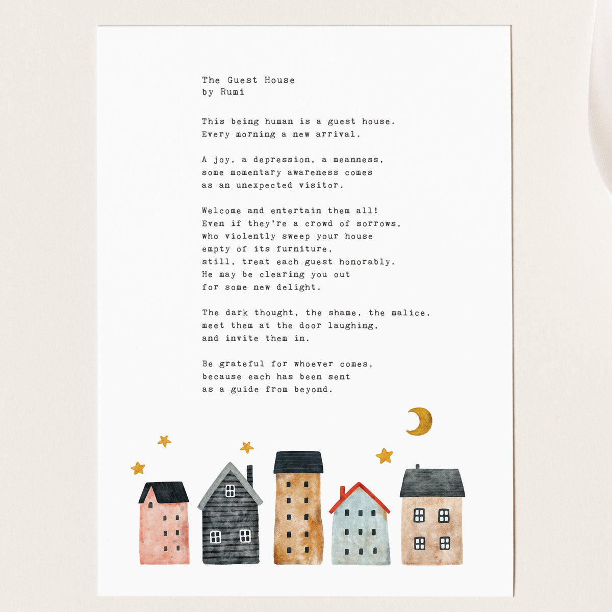 An print featuring the poem 'The Guest House' by Rumi with watercolor houses.