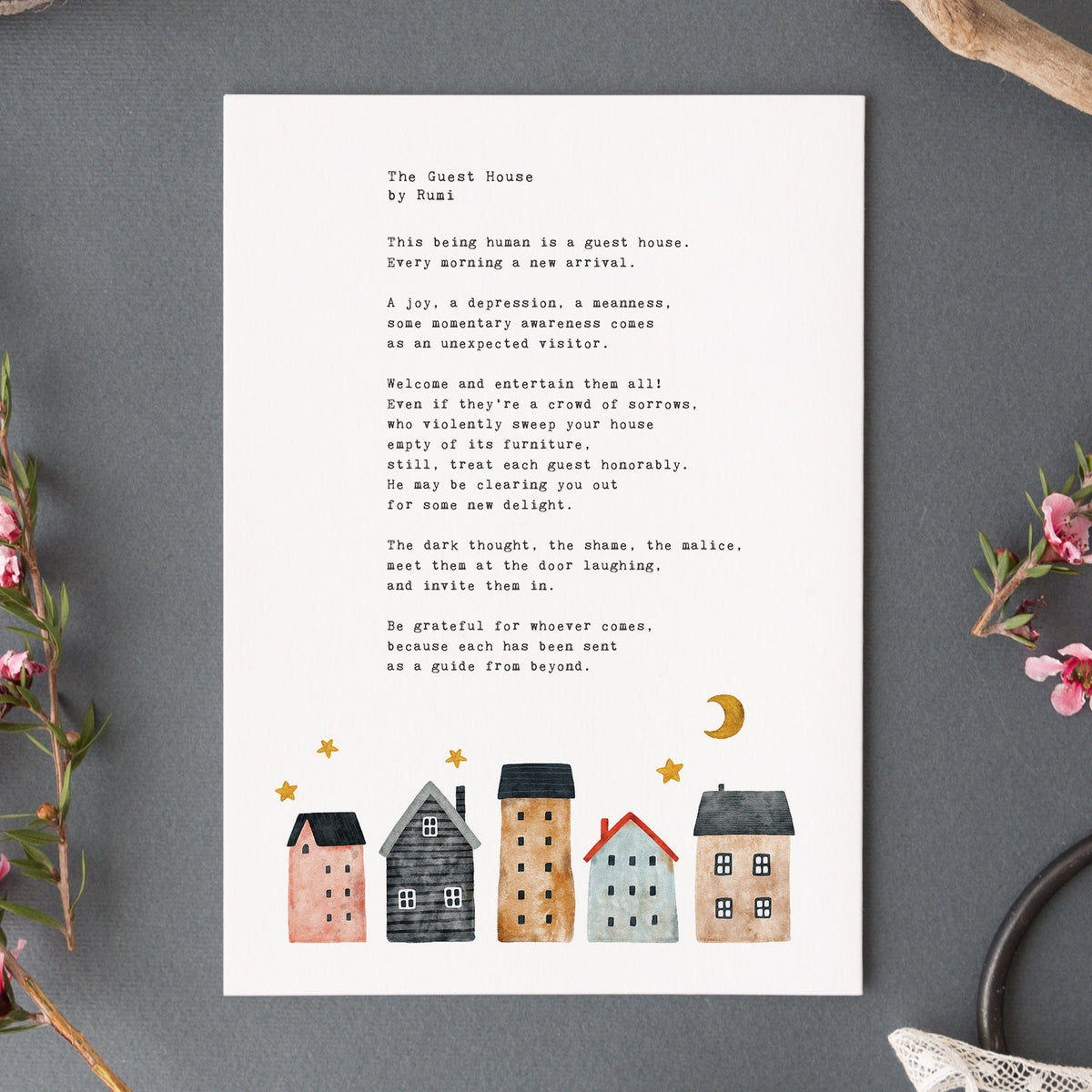 An print featuring the poem 'The Guest House' by Rumi with watercolor houses.