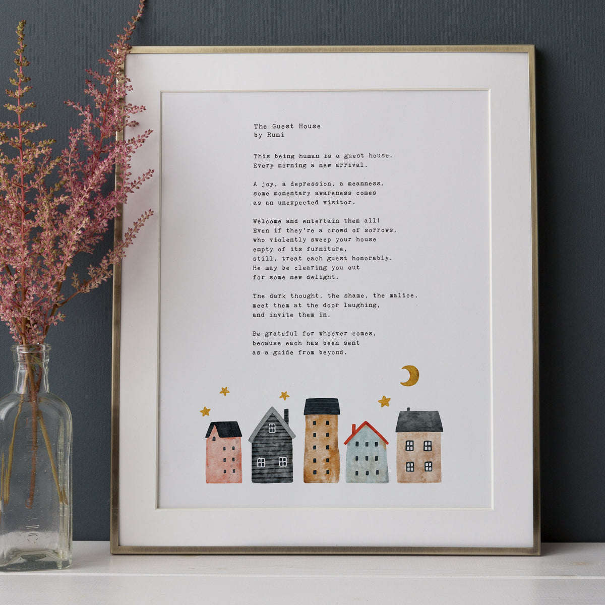 An print featuring the poem 'The Guest House' by Rumi with watercolor houses.