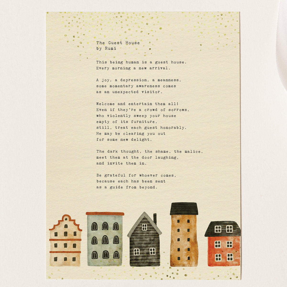 An print featuring the poem 'The Guest House' by Rumi with watercolor houses.