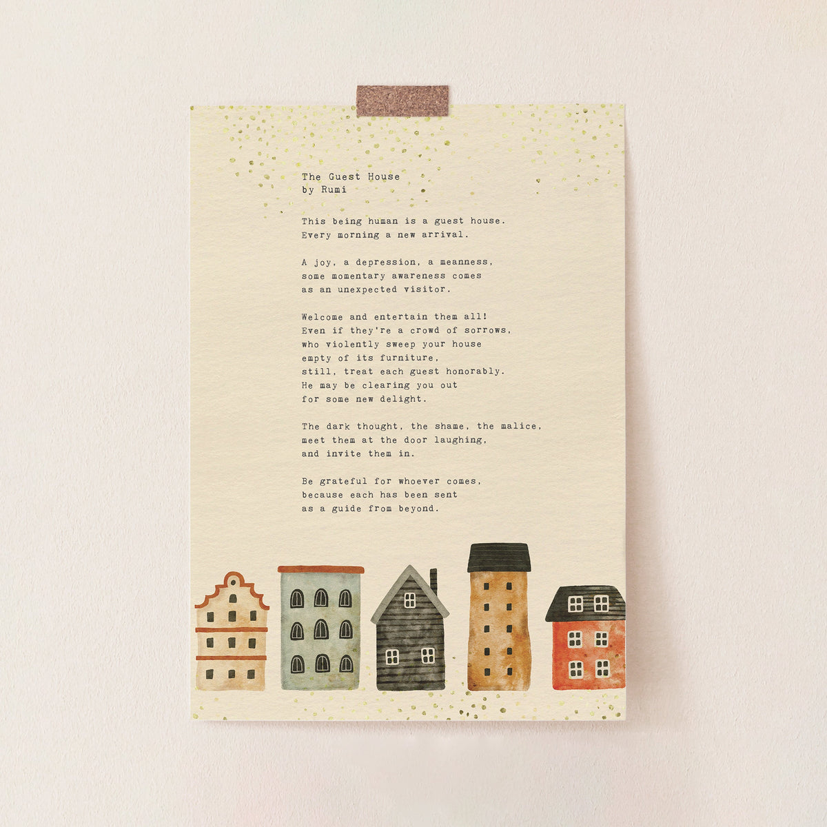 An print featuring the poem 'The Guest House' by Rumi with watercolor houses.