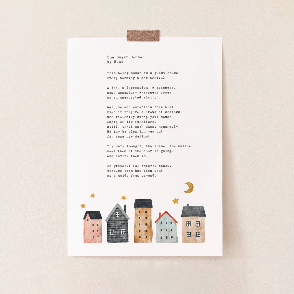 An print featuring the poem 'The Guest House' by Rumi with watercolor houses.