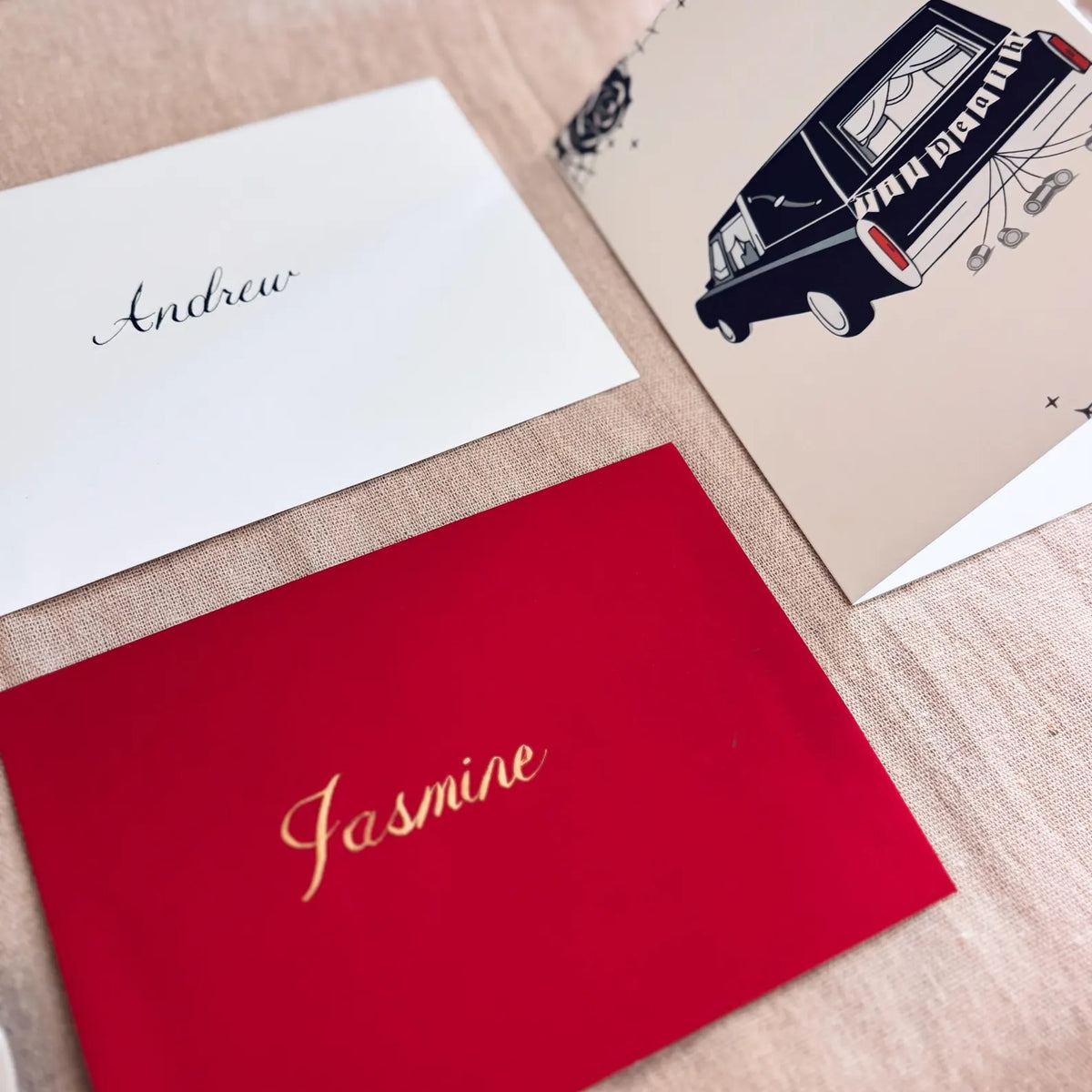 Greeting card pictured with personalized envelopes 