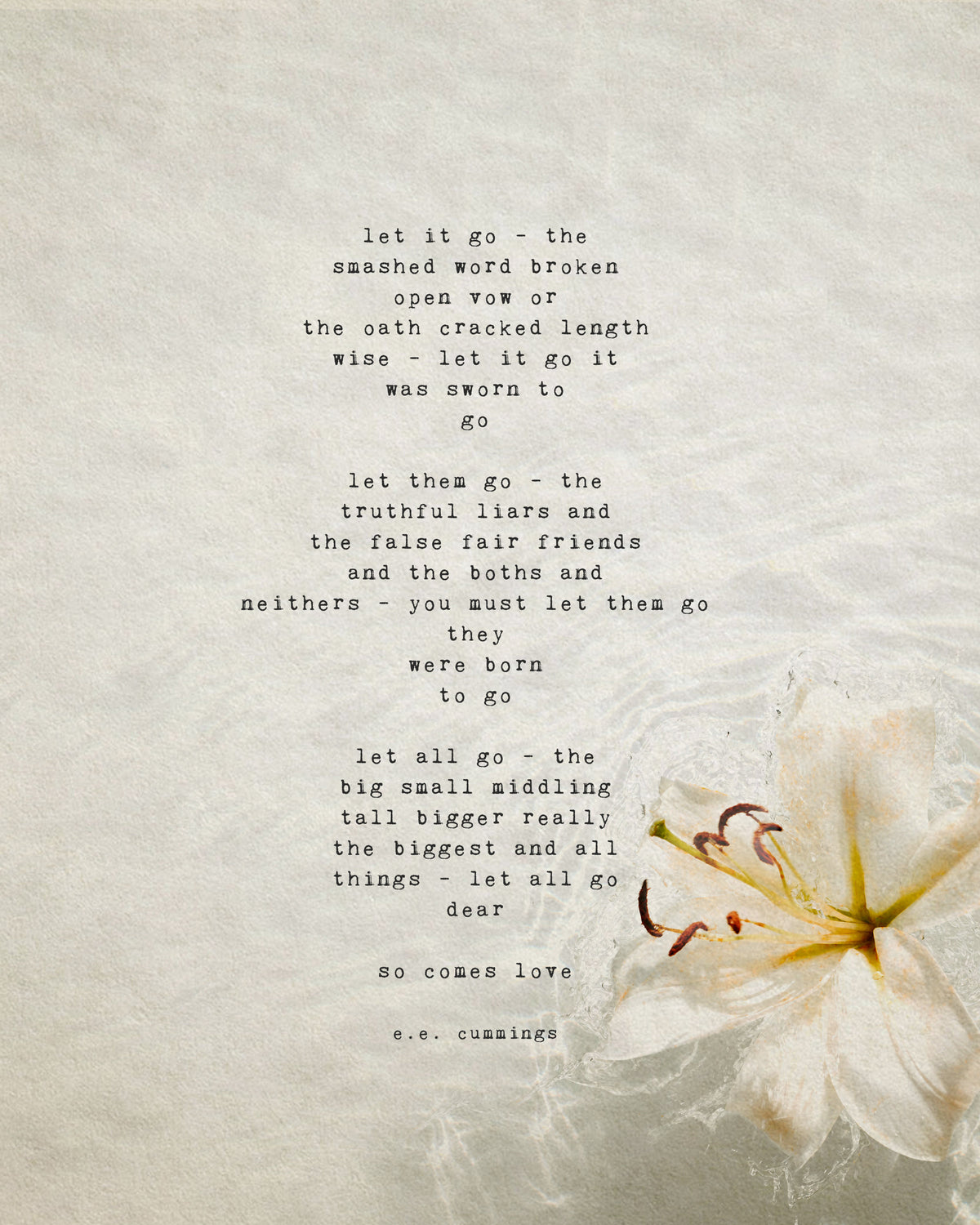An art print featuring a typewriter-style poem by e.e. cummings on a textured beige background with a white flower illustration in the lower right corner