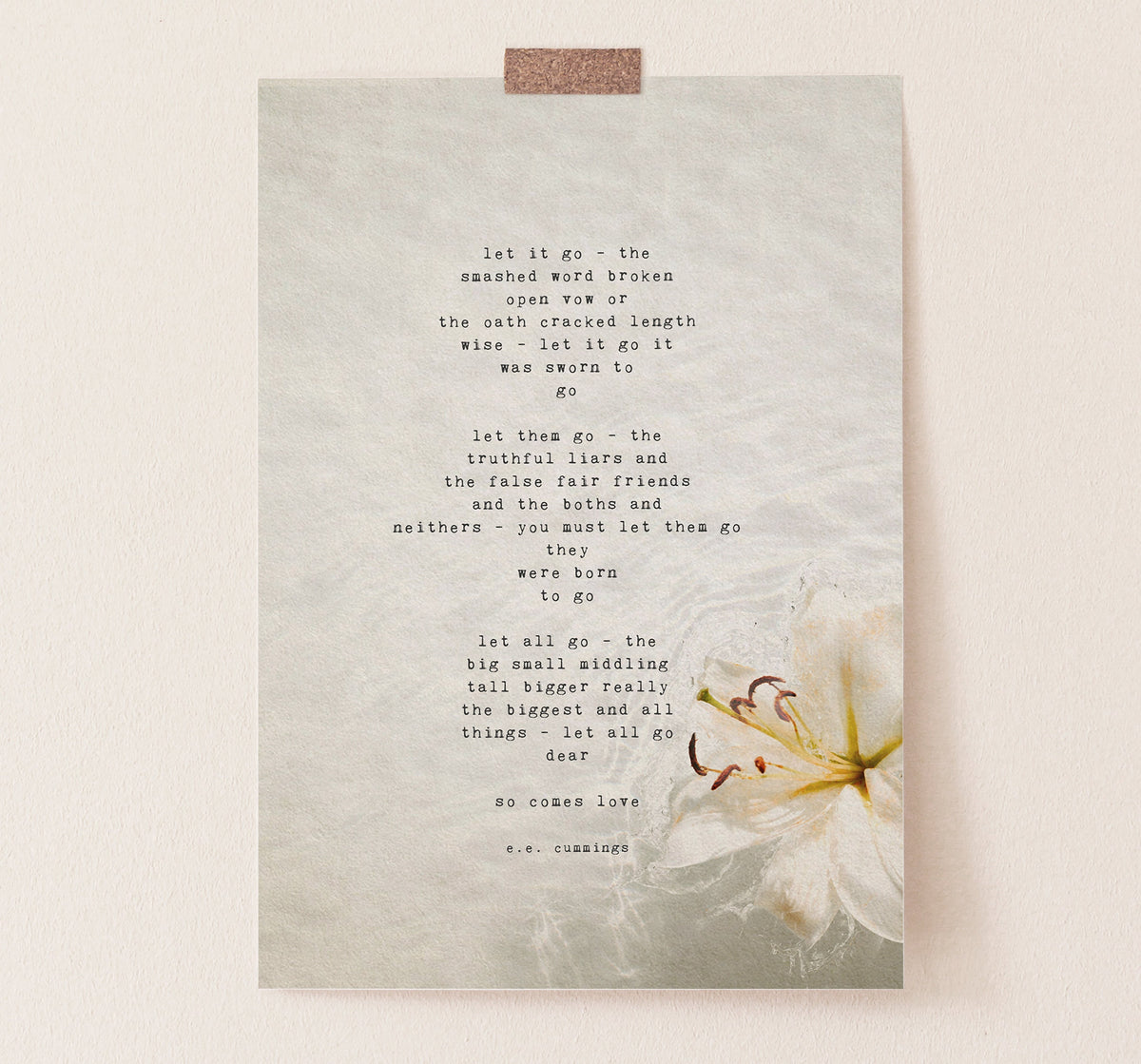 An art print featuring a typewriter-style poem by e.e. cummings on a textured beige background with a white flower illustration in the lower right corner
