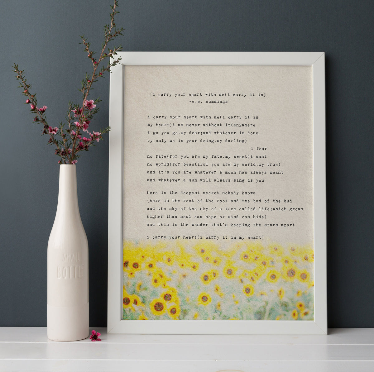 An art print of sunflowers with the poem by e.e. cummings "I carry your heart with me(I carry it in}