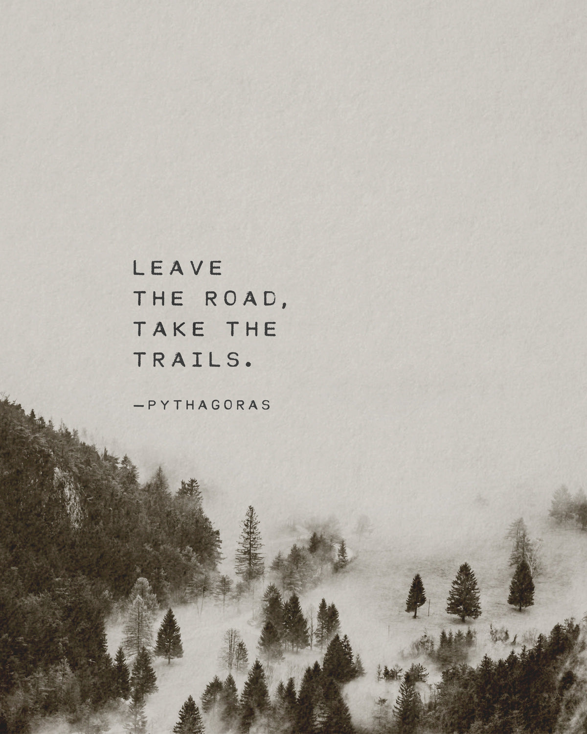 Art print with misty trees and the quot :Leave the road, take the trails"